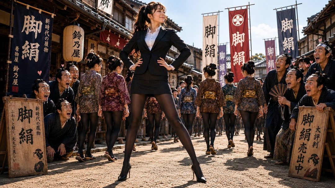 A woman in a business suit and short skirt stands confidently in a traditional Japanese street, surrounded by onlookers.