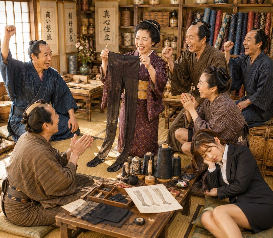 A group of people in traditional Japanese attire are celebrating while one woman in a suit sleeps on the floor, surrounded by sewing supplies.