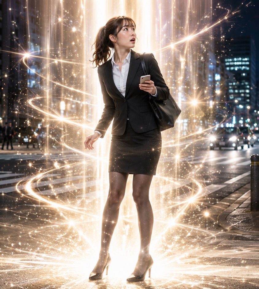 A woman in a business suit stands on a city street at night, surrounded by glowing light trails, looking surprised.