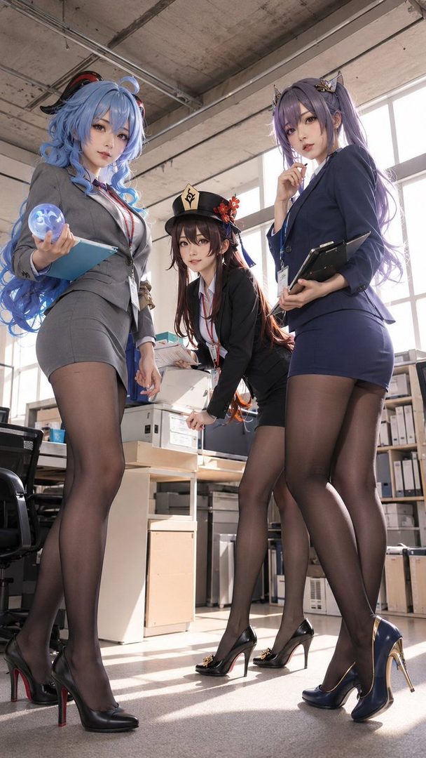 Three women in business suits and tights pose in an office setting, cosplaying as characters from Genshin Impact.