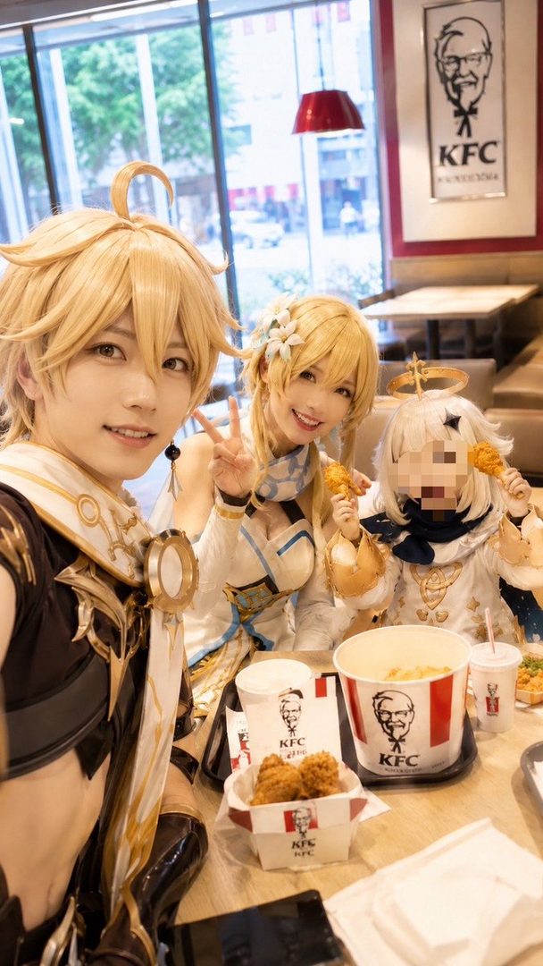 Two people in blonde cosplay wigs and costumes are smiling and posing for a selfie at a KFC restaurant, with a third blurred character between them and buckets of fried chicken on the table.