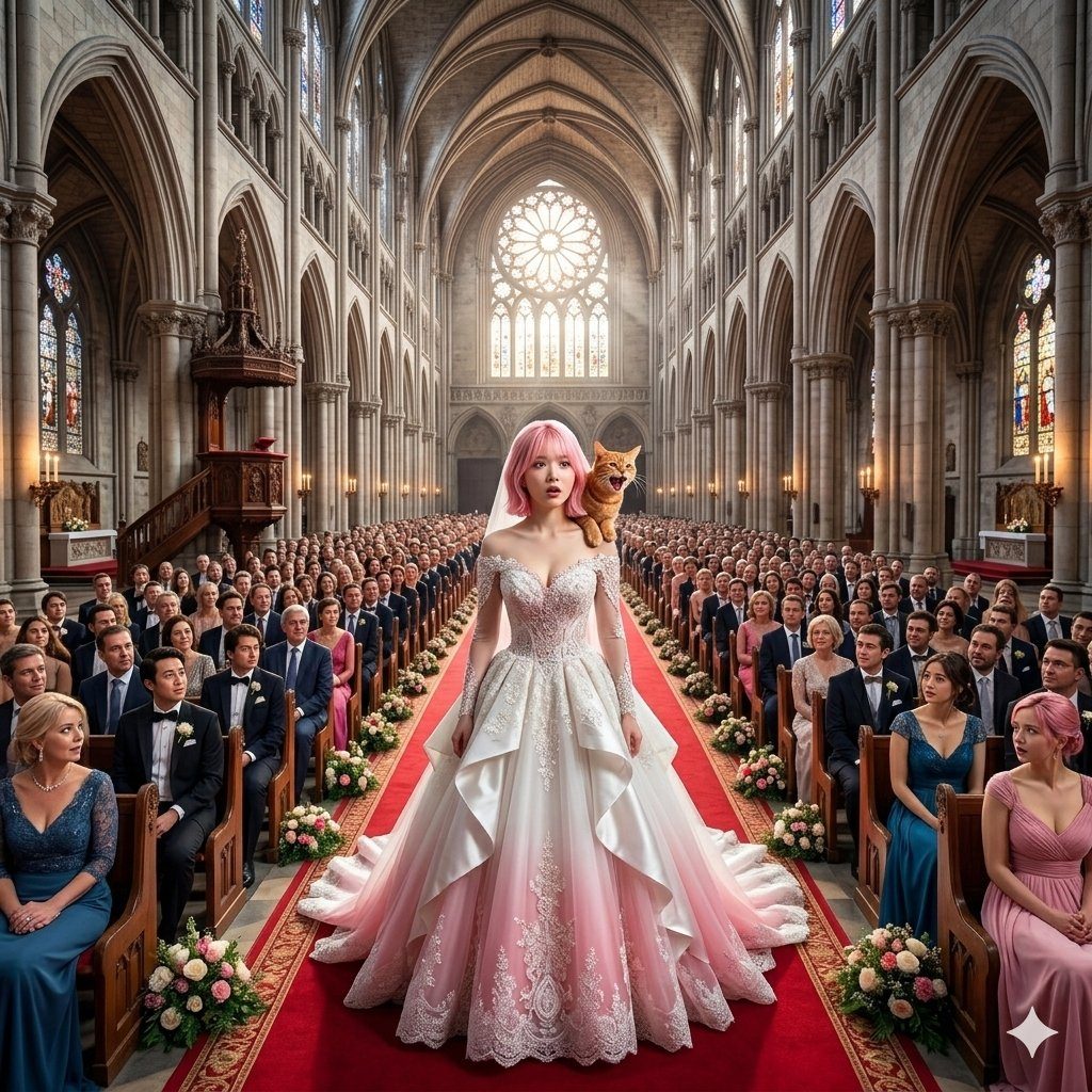 A woman with pink hair in a wedding dress walks down the aisle of a grand church, with a cat on her shoulder.