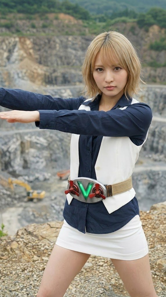 A blonde woman in a blue and white outfit with a V-belt stands outdoors in a quarry.