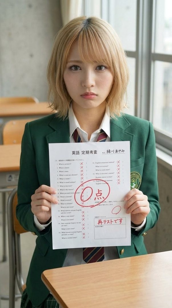 A young woman with blonde hair in a school uniform holds up a test paper with a zero score in a classroom.
