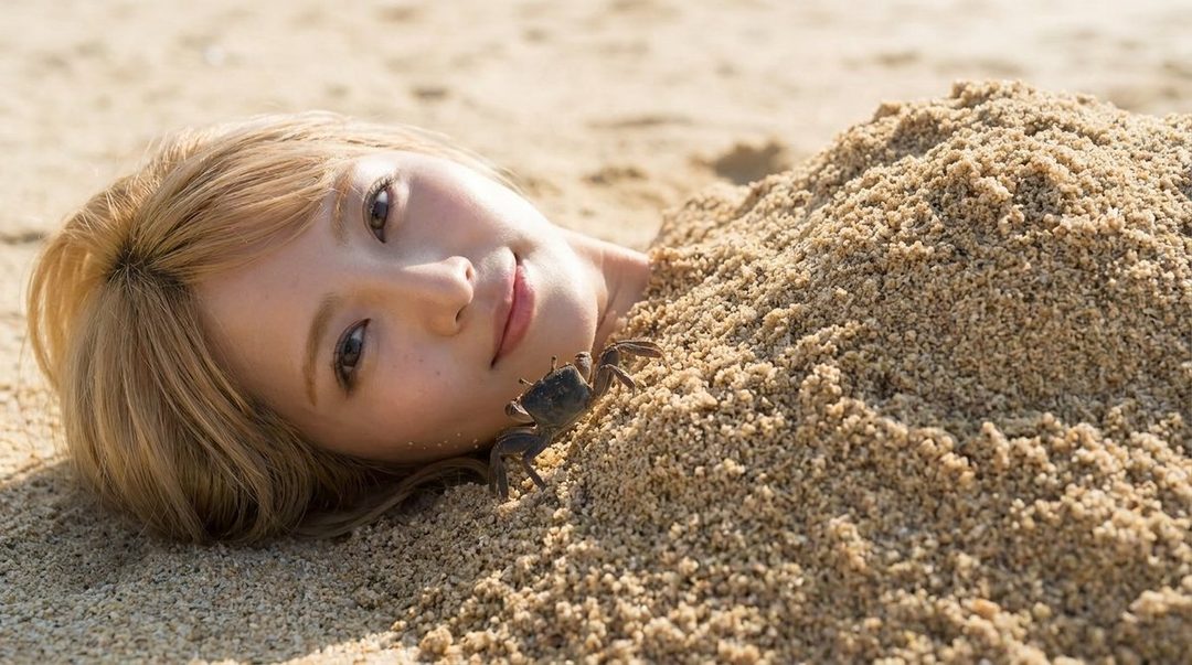 A blonde woman buried in sand on a beach with a crab next to her face.