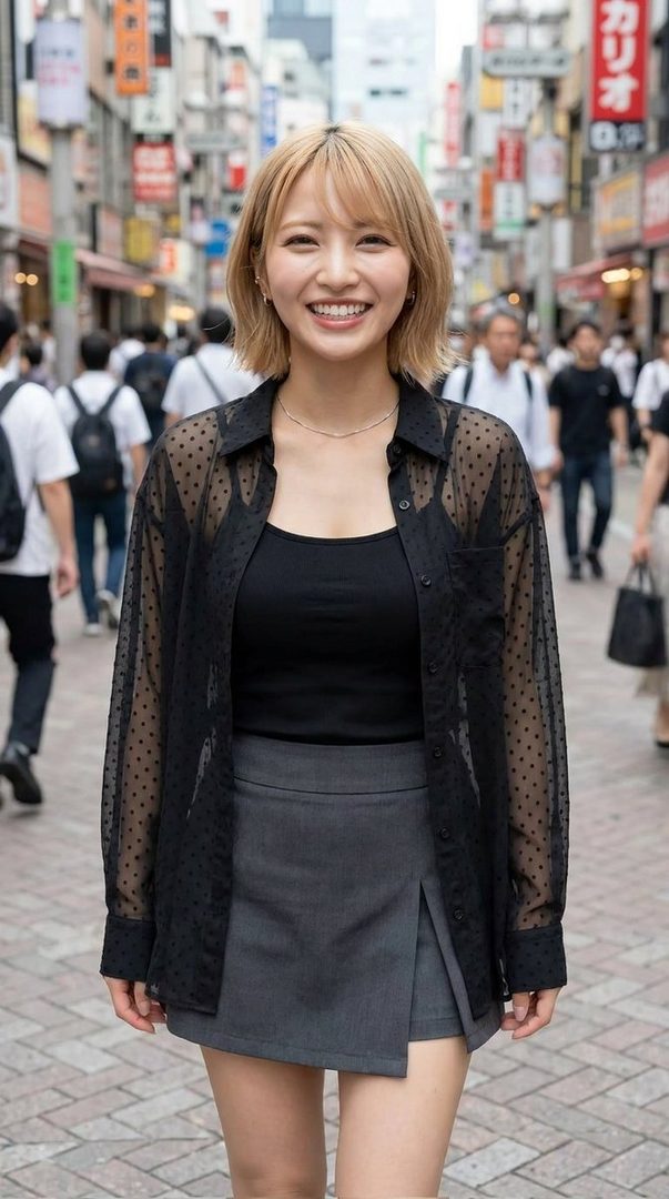 A smiling woman with short blonde hair and bangs, wearing a sheer black polka dot shirt over a black top and a grey skirt, stands on a busy city street.
