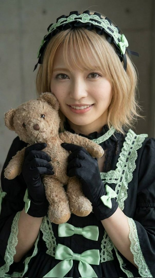 A smiling woman with blonde hair in a black and mint green gothic lolita dress holds a teddy bear.