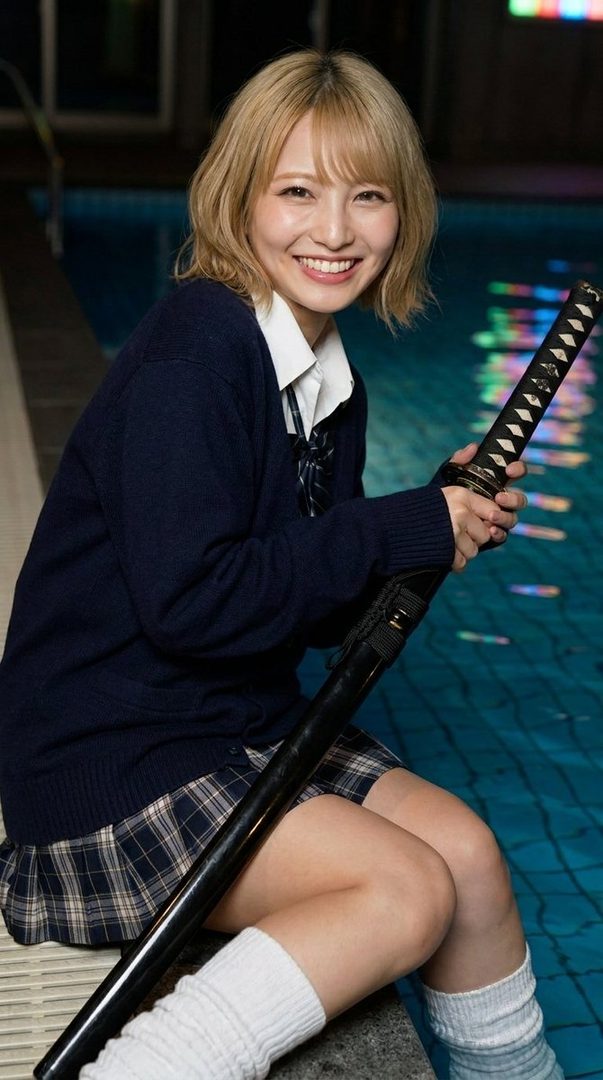 A smiling woman with blonde hair in a school uniform sits by a pool at night, holding a katana.