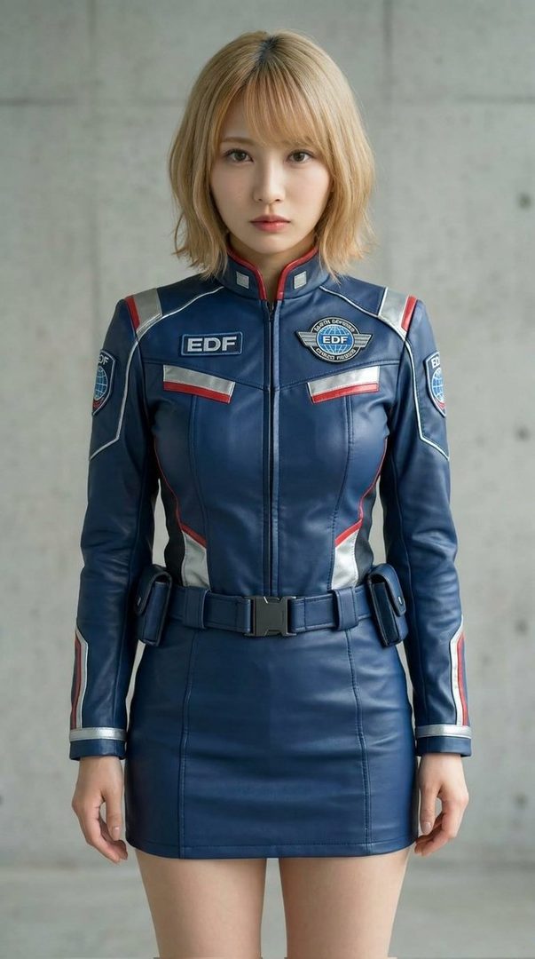 A woman with blonde hair and bangs wears a blue and red futuristic uniform with an EDF logo.