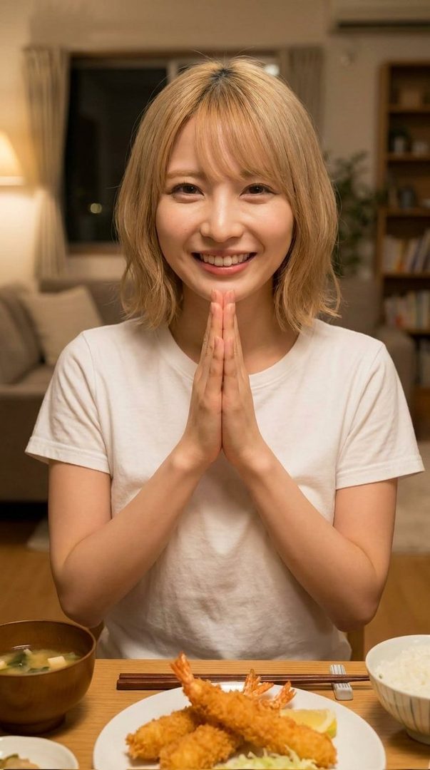 A smiling woman with blonde hair in a white t-shirt, hands clasped in front of a meal of fried shrimp and rice.