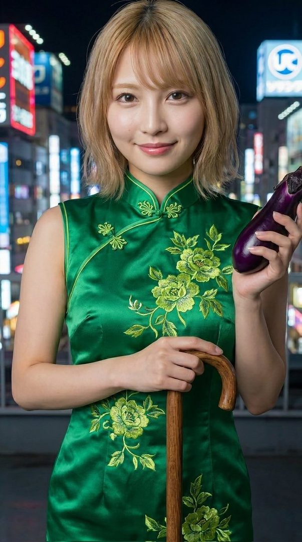 A woman in a green cheongsam holds an eggplant and a cane against a blurred city night background.