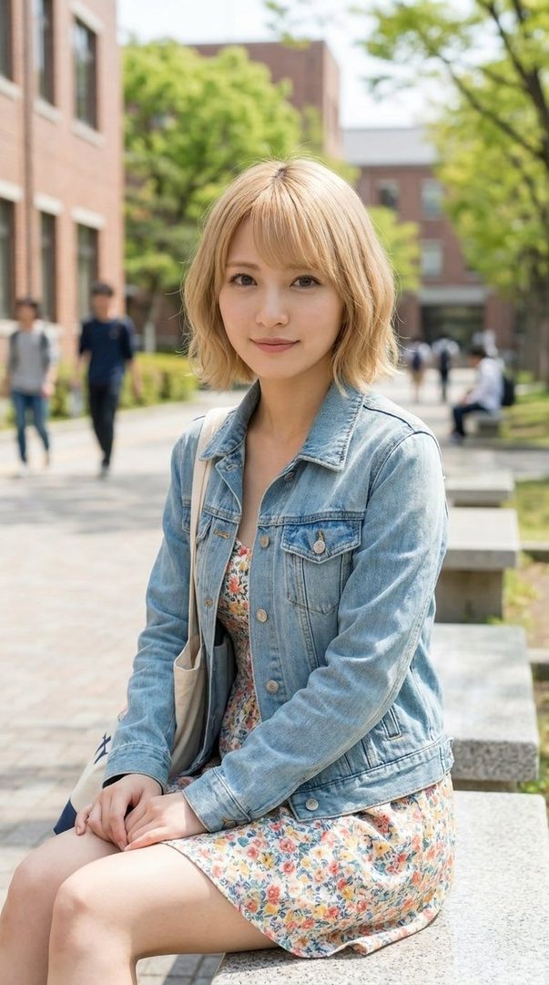 A young woman with blonde hair and a denim jacket sits on a stone bench on a college campus.