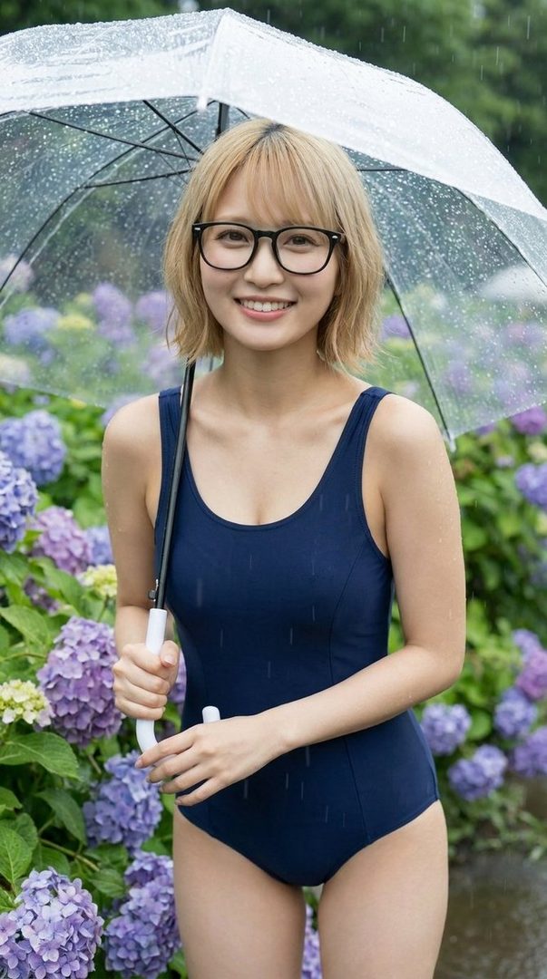 A young woman in a navy blue swimsuit and glasses holds a clear umbrella in a rainy garden with purple hydrangeas.