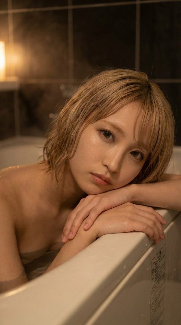 A blonde woman with short hair is in a bathtub, looking directly at the camera with a dreamy expression.