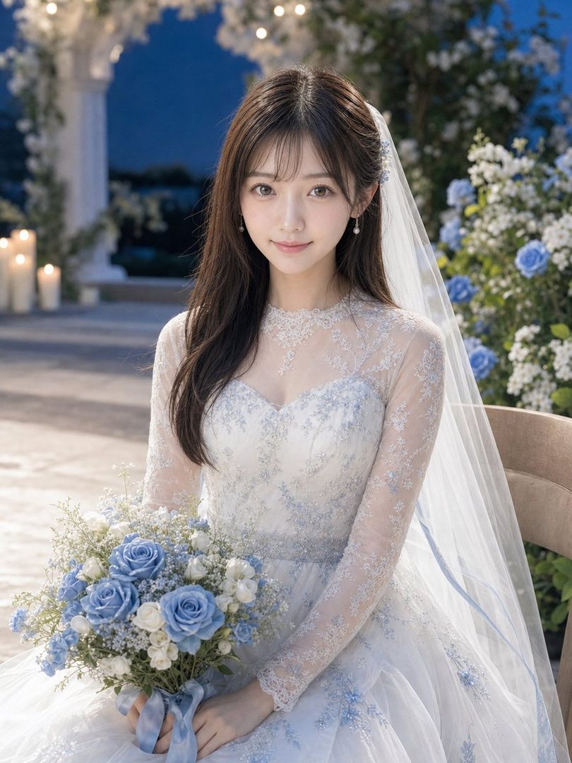 A beautiful woman in a white and blue wedding dress holds a bouquet of blue and white flowers, looking shyly at the camera.