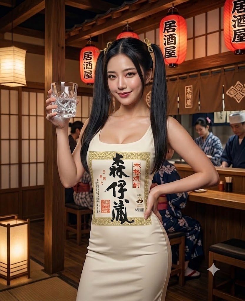 A woman with black twintails wearing a form-fitting dress with Japanese text on it, holding a glass in an izakaya setting.