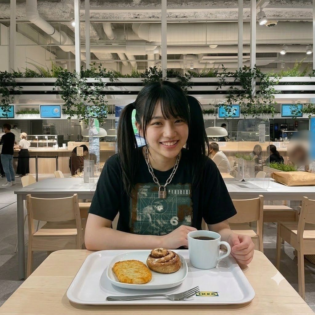 A young woman with black twintails and bangs smiles while sitting at a table with breakfast at IKEA.