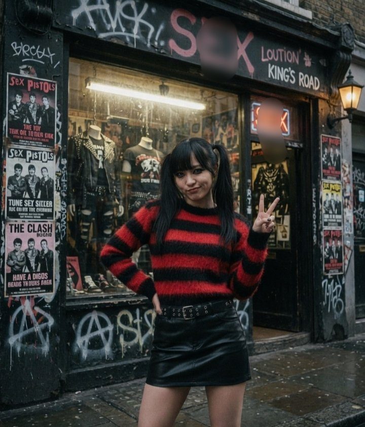 A young woman with black twintails and bangs, wearing a red and black striped sweater and a black leather skirt, stands in front of a graffiti-covered storefront.