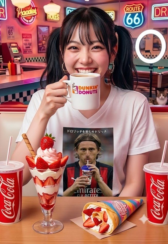 A smiling East Asian woman with black twintails holds a Dunkin' Donuts mug in a retro diner setting with desserts and drinks on the table.