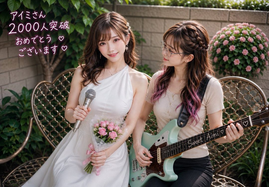Two women are sitting outdoors, one in a white dress holding a microphone and flowers, and the other playing a light blue electric guitar.