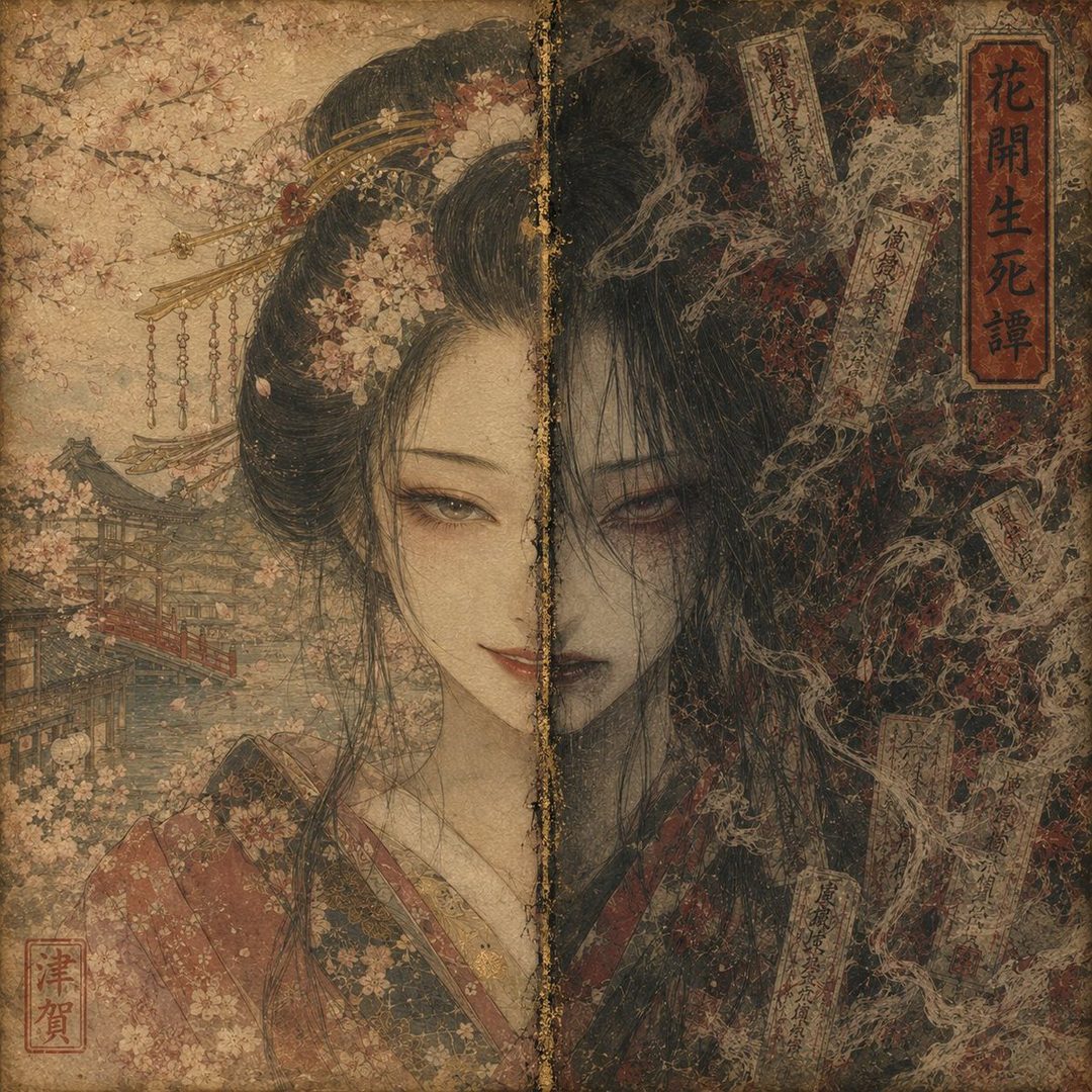 A split image of a Japanese woman, one side beautiful with cherry blossoms and a kimono, the other side ghostly and decaying with dark hair and a distressed expression.