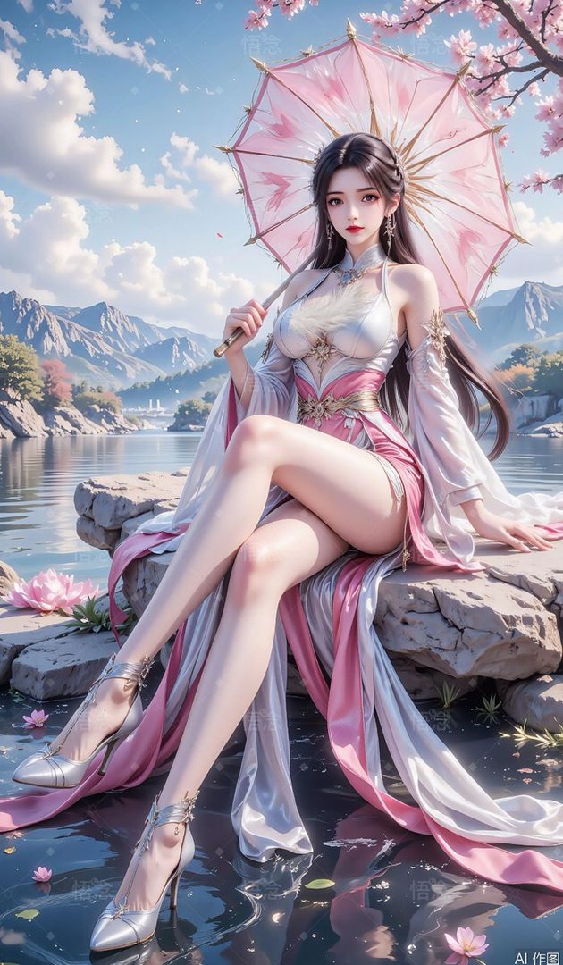 A beautiful East Asian woman in a flowing pink and white dress sits by a serene lake, holding a pink parasol, with mountains and cherry blossoms in the background.