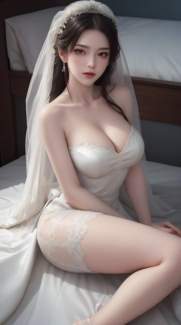 A beautiful AI-generated bride with long brown hair and a white wedding dress, sitting indoors.