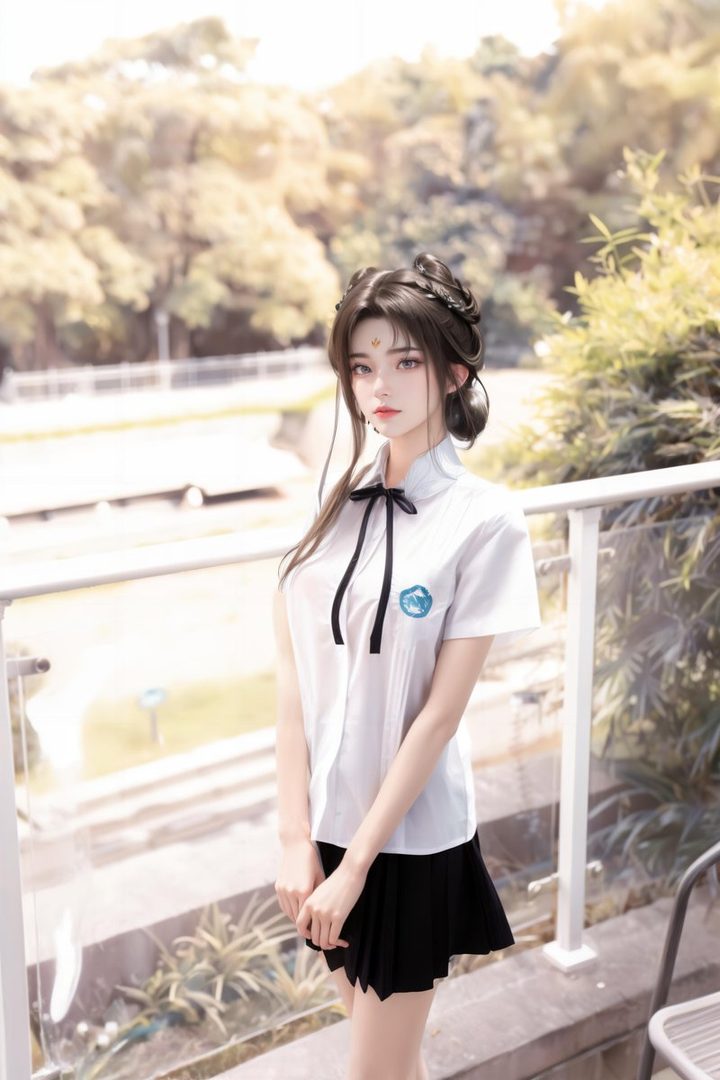 A young woman with dark hair styled in an intricate bun and loose strands, wearing a white short-sleeved shirt with a black bow and a black pleated skirt, stands outdoors.