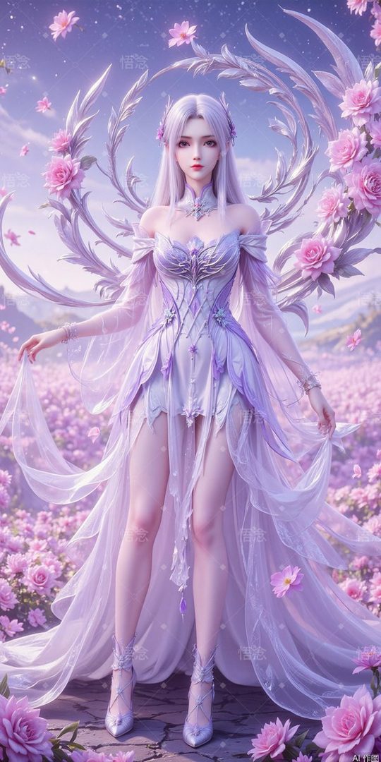 An anime-style woman with long white hair and a flowing purple dress stands in a field of pink flowers under a starry sky.
