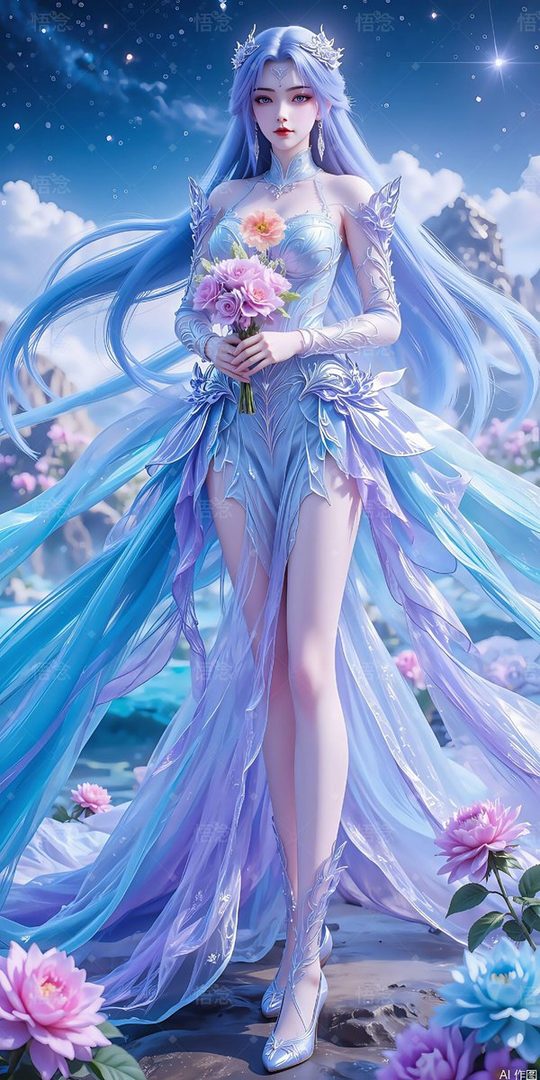 A fantasy portrait of a woman with long blue hair and a flowing blue and purple dress, holding flowers under a starry night sky.