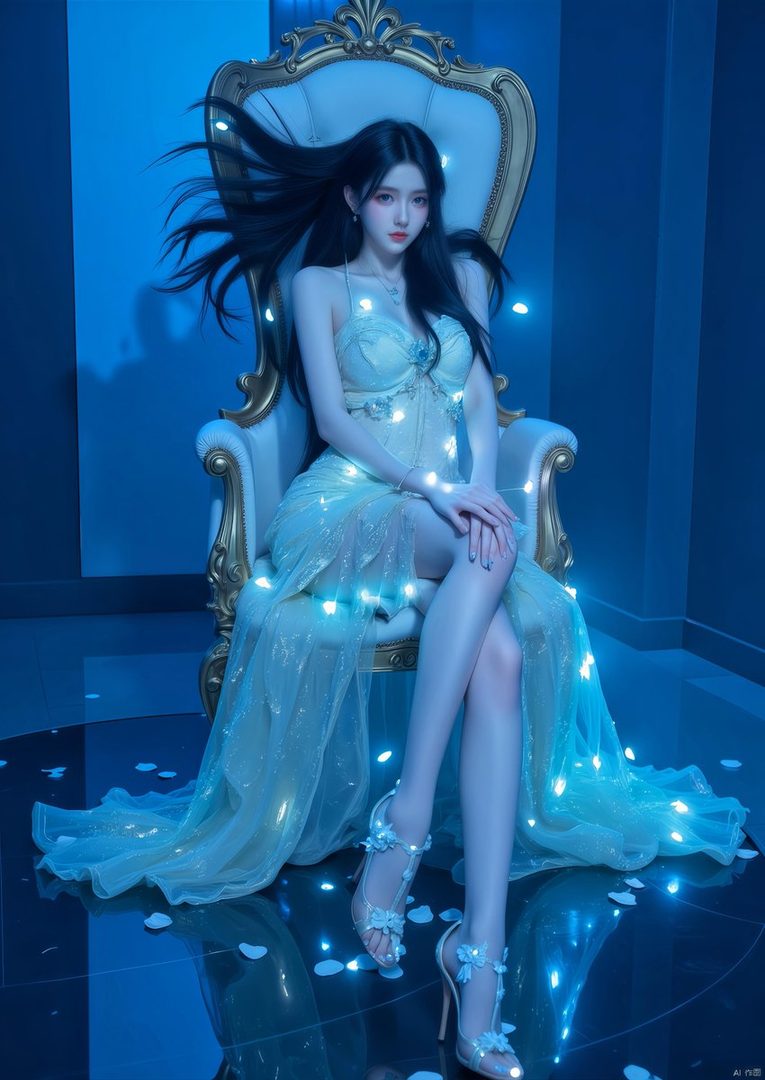 A beautiful woman with long black hair sits on an ornate chair in a dark room, illuminated by glowing lights on her dress and around her.