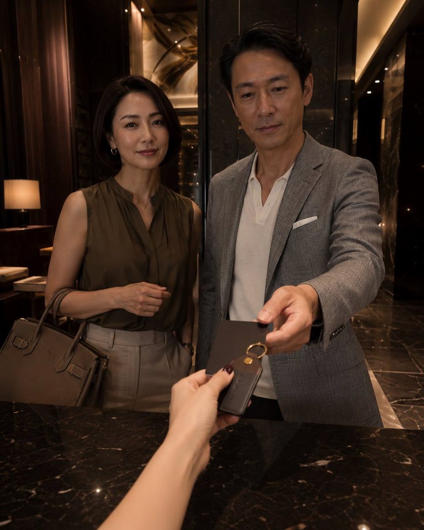 A man and a woman are checking into a hotel, with the man handing a key card to a person behind the counter.