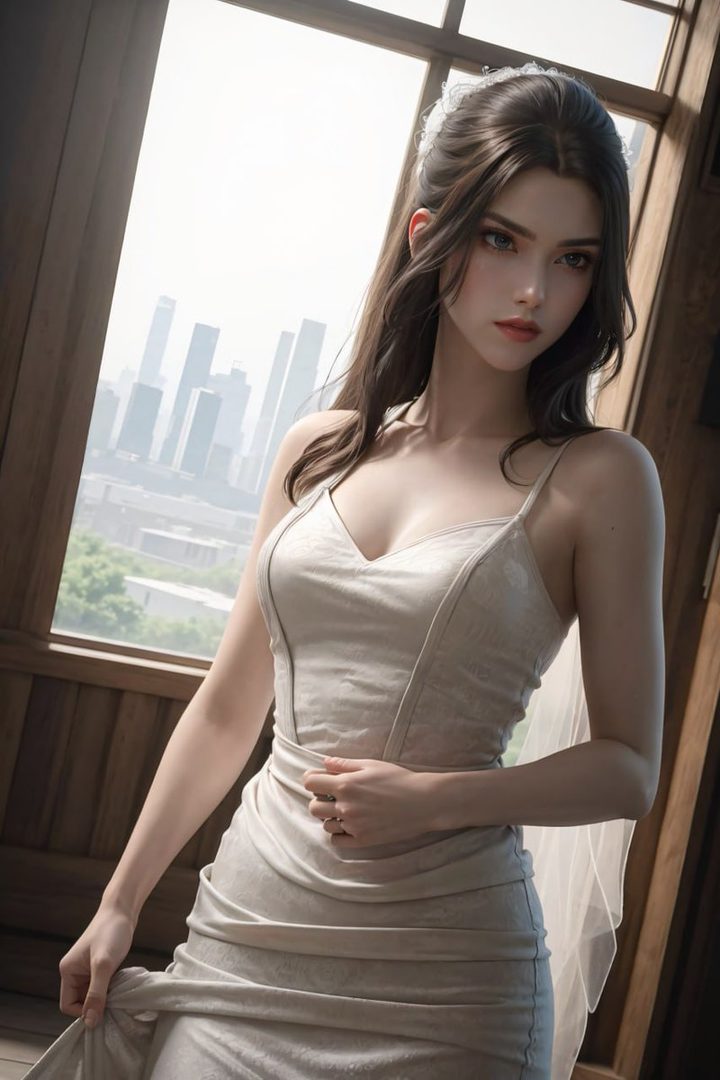 A beautiful woman in a white wedding dress stands by a window with a city view.