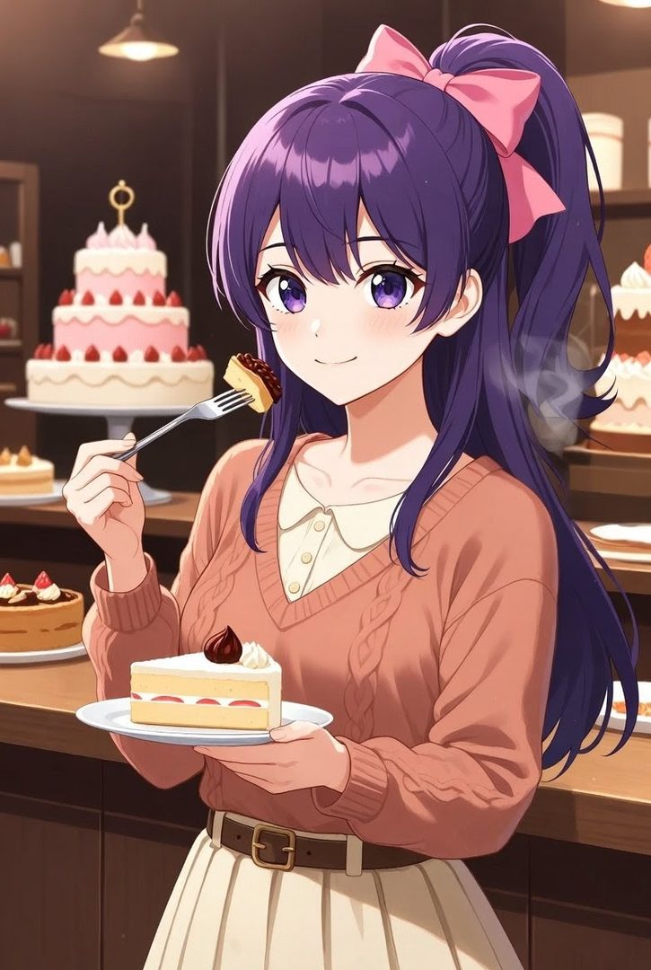 An anime girl with long purple hair and a pink bow eats a slice of cake in a bakery.