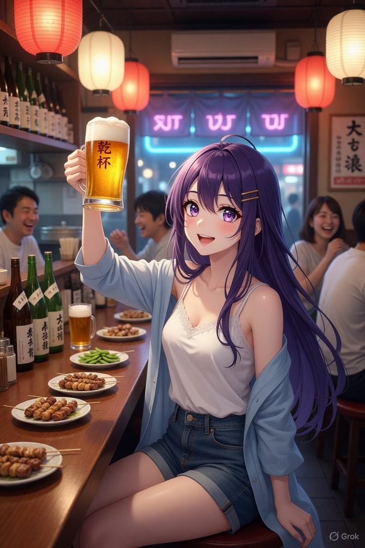 An anime girl with long purple hair raises a glass of beer in a lively Japanese izakaya.