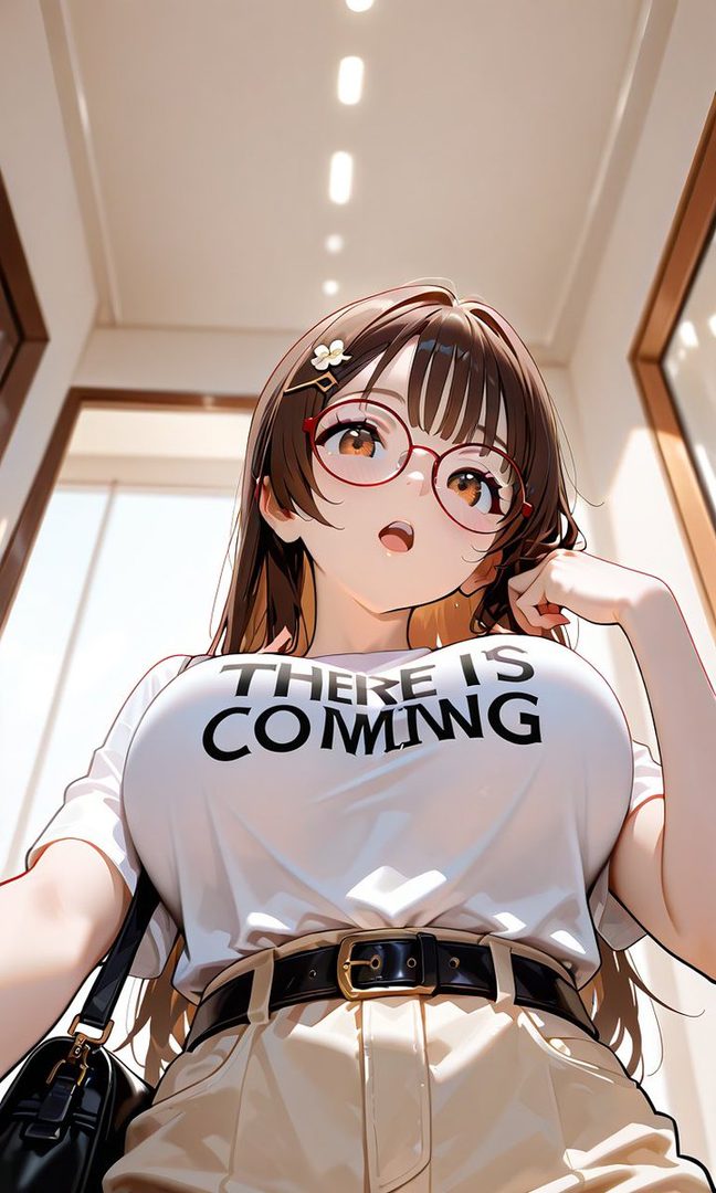 An anime-style girl with long brown hair and red glasses looks up at the viewer, wearing a white t-shirt and beige pants.