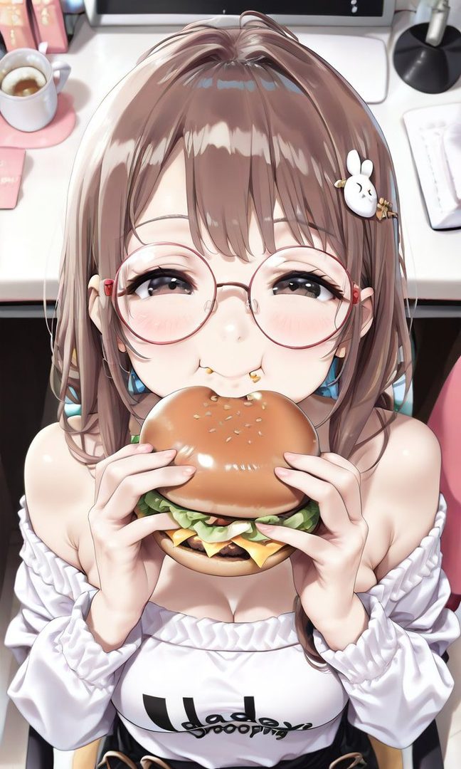 An anime girl with brown hair and glasses happily eats a large hamburger indoors.