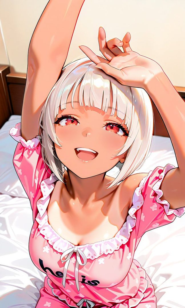An anime-style girl with white short hair and red eyes smiles brightly while stretching in a pink top.