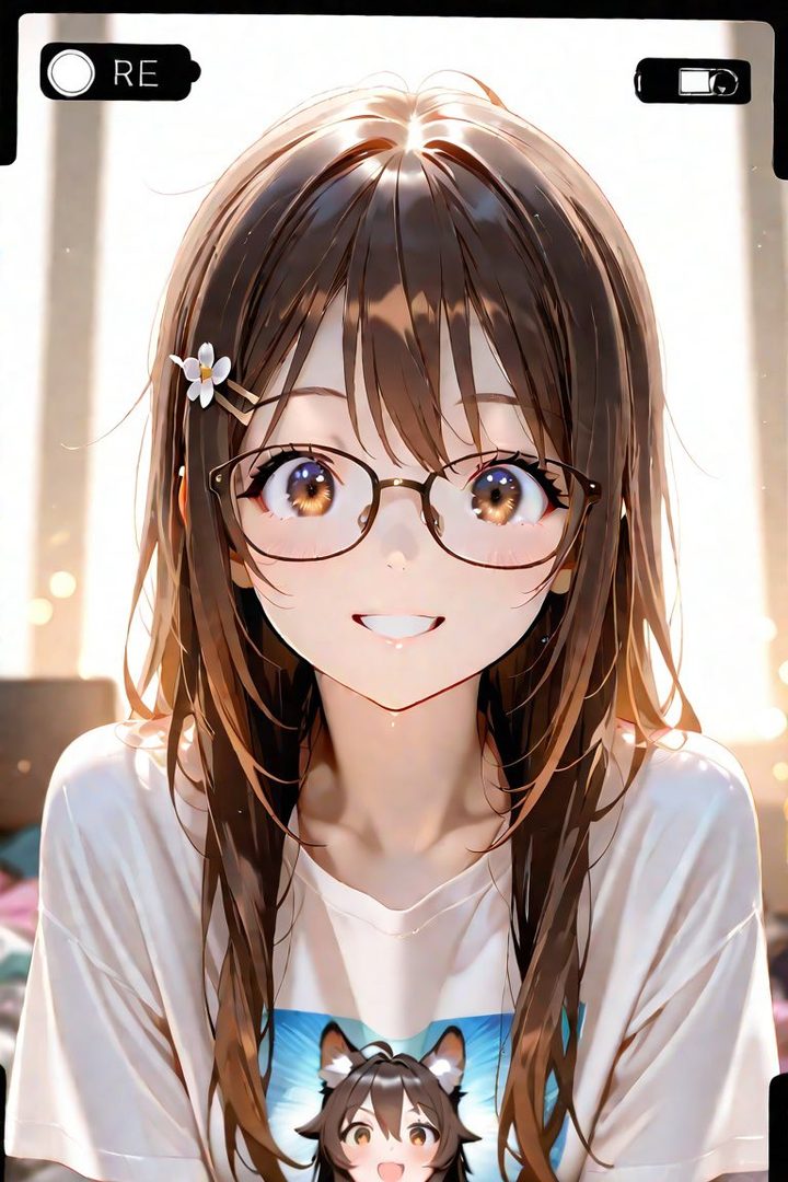 An anime-style portrait of a young girl with long brown hair and glasses, wearing a white t-shirt with a cartoon character on it, smiling brightly.
