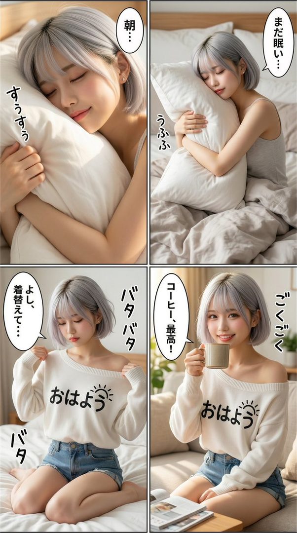 A four-panel comic strip shows a young woman with silver hair waking up, getting dressed in a white "Ohayo" sweater and denim shorts, and enjoying coffee.