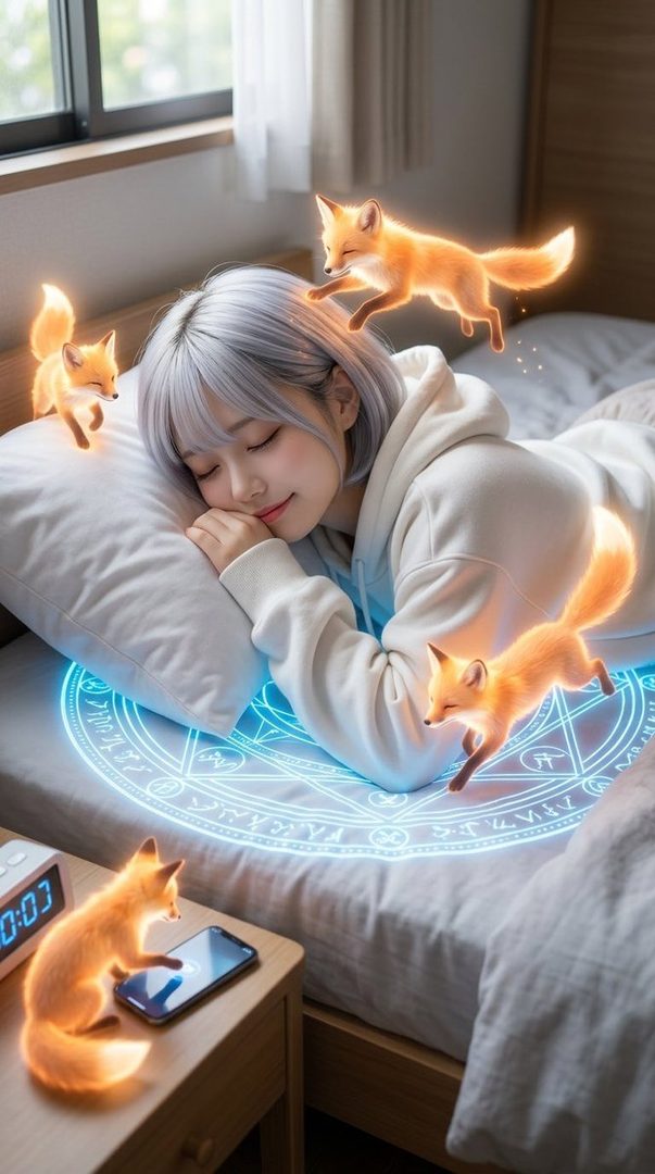 A young woman with white hair sleeps peacefully in bed, surrounded by glowing orange foxes and a blue magical circle.