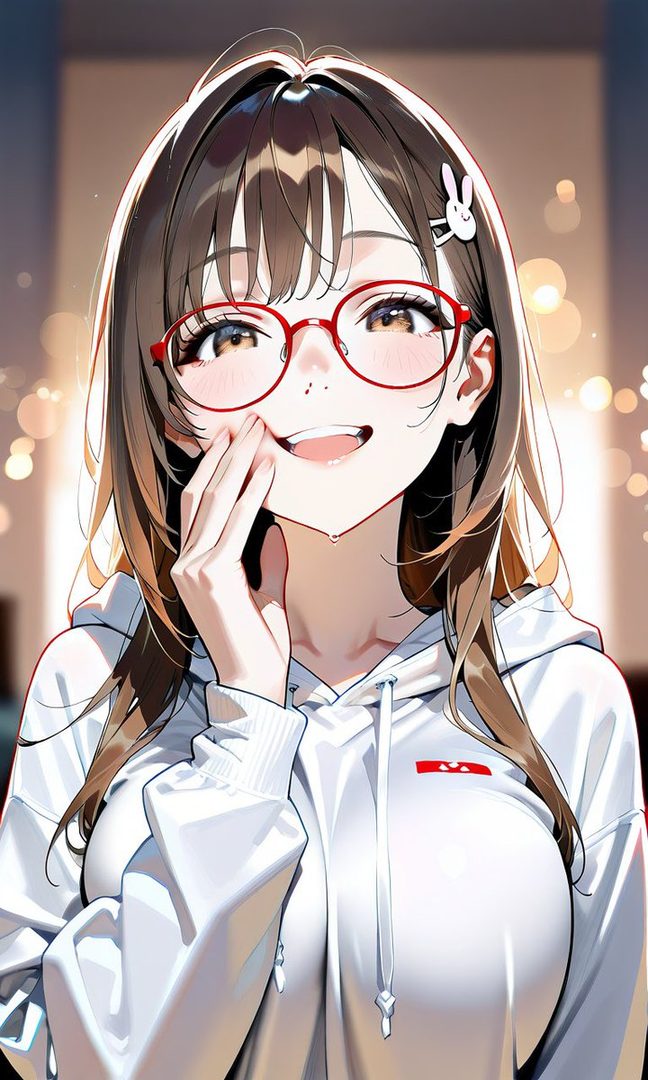 An anime girl with long brown hair and red glasses smiles brightly while wearing a white hoodie.