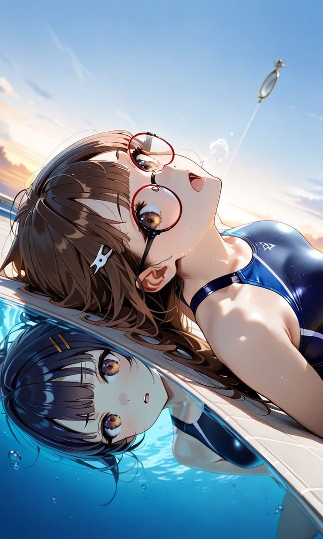 An anime girl with brown hair and glasses is lying by a swimming pool, looking up at the sky, with her reflection visible in the water.