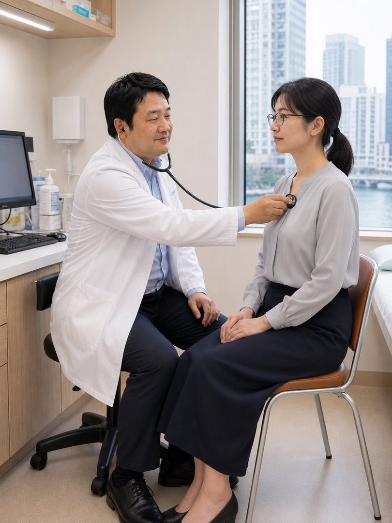 A male doctor in a white lab coat uses a stethoscope to examine a female patient in a doctor's office, with a city view outside the window.