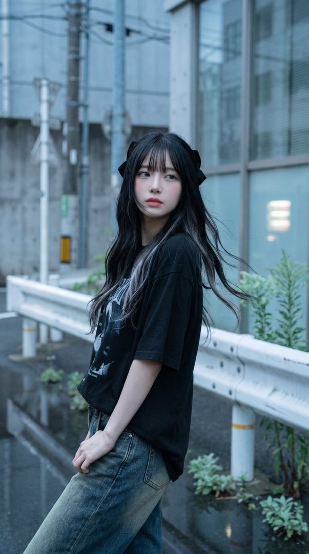 A young woman with long black hair and bangs, wearing a black t-shirt and jeans, stands on a city street.