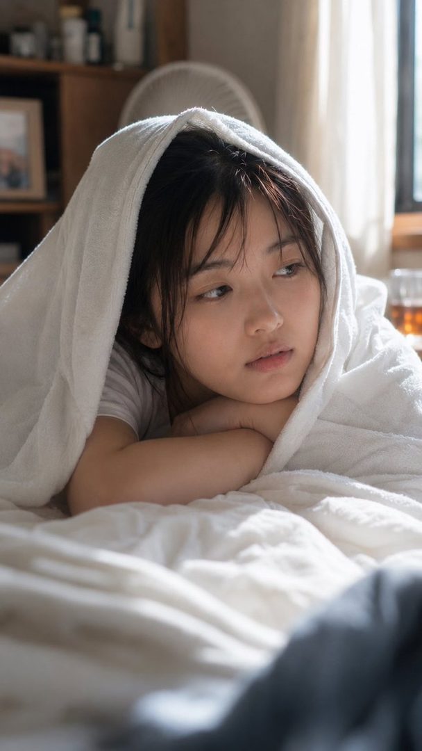 A young woman with dark hair is lying in bed, covered by a white blanket, looking thoughtfully to the side.