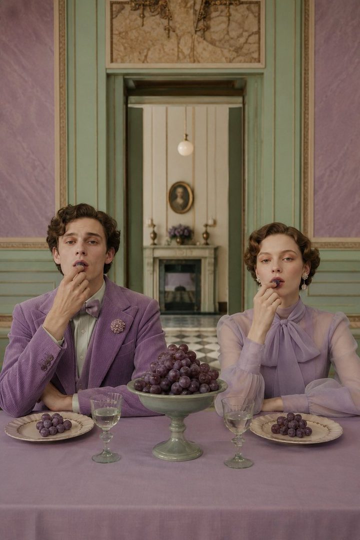 Two people in purple attire are seated at a table with grapes, in a room with purple and green walls.