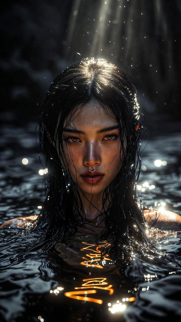 A photorealistic portrait of a woman with long black hair in dark water, with light rays shining down.