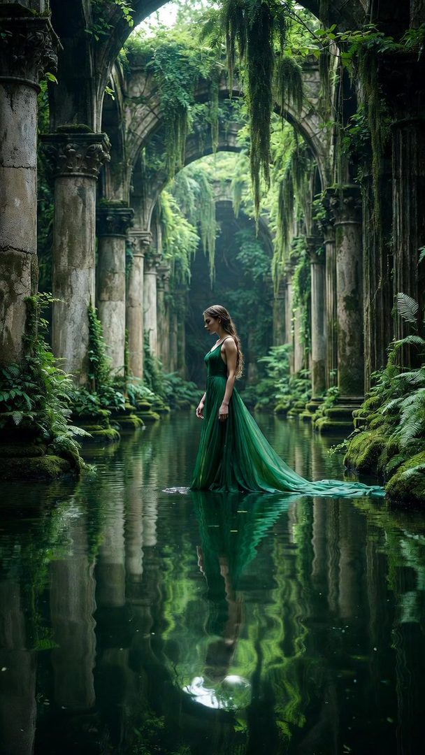 A woman in a flowing green dress stands in shallow water amidst ancient, moss-covered ruins, creating a mystical and dreamy atmosphere.
