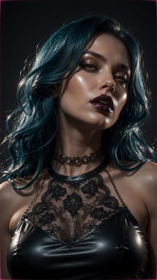 A woman with teal hair and dark lipstick wears a black lace and leather dress in a studio portrait.